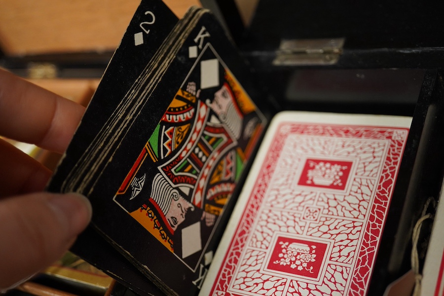 Two Edwardian/George V silver mounted ebonised playing card boxes, largest 16cm wide. Condition - fair/good